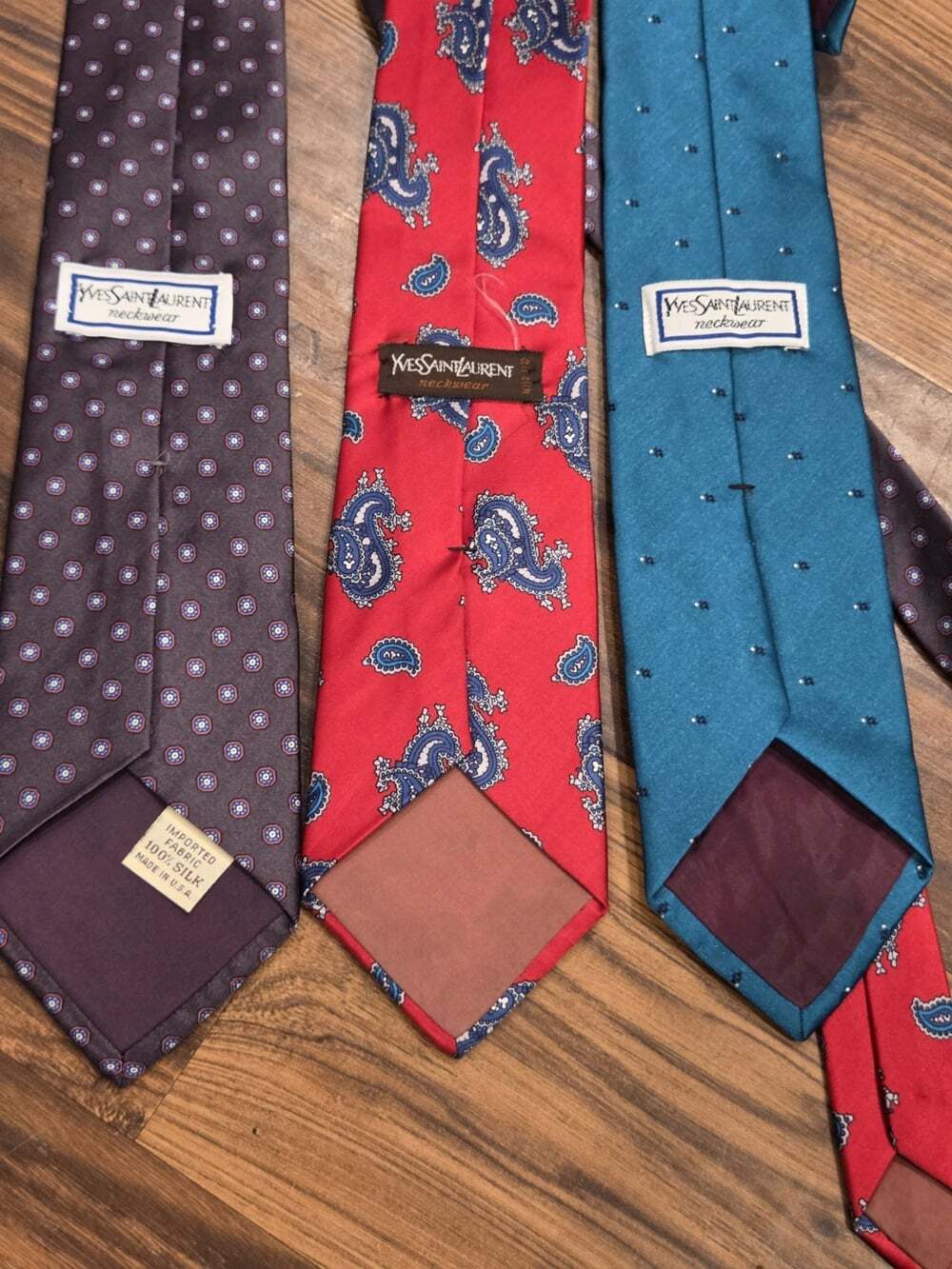 Vintage YSL Designer Silk Tie Lot of 3 - Red Paisley, Teal, & Burgundy Bundle